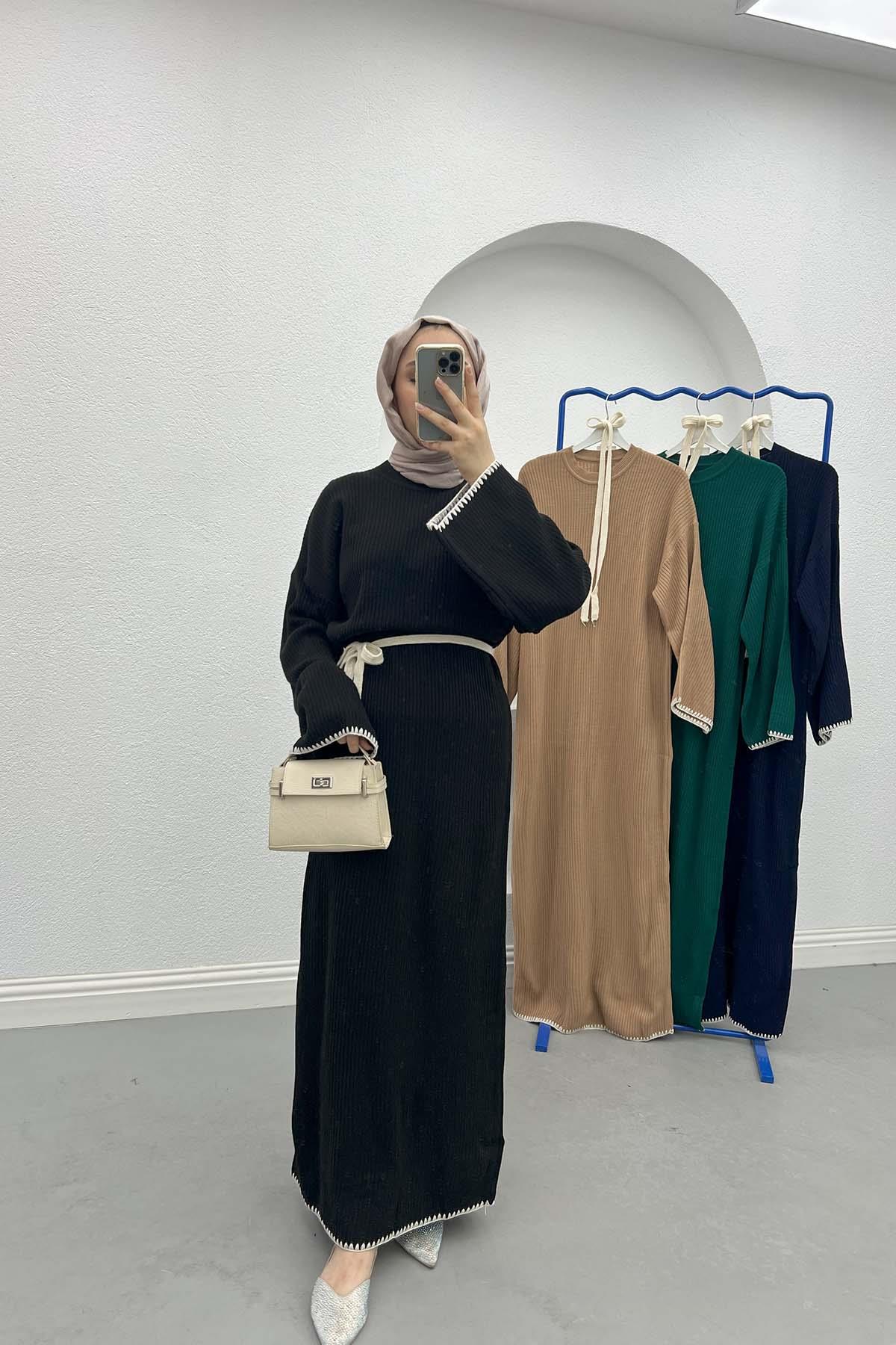 İşlemeli Triko Elbise Siyah