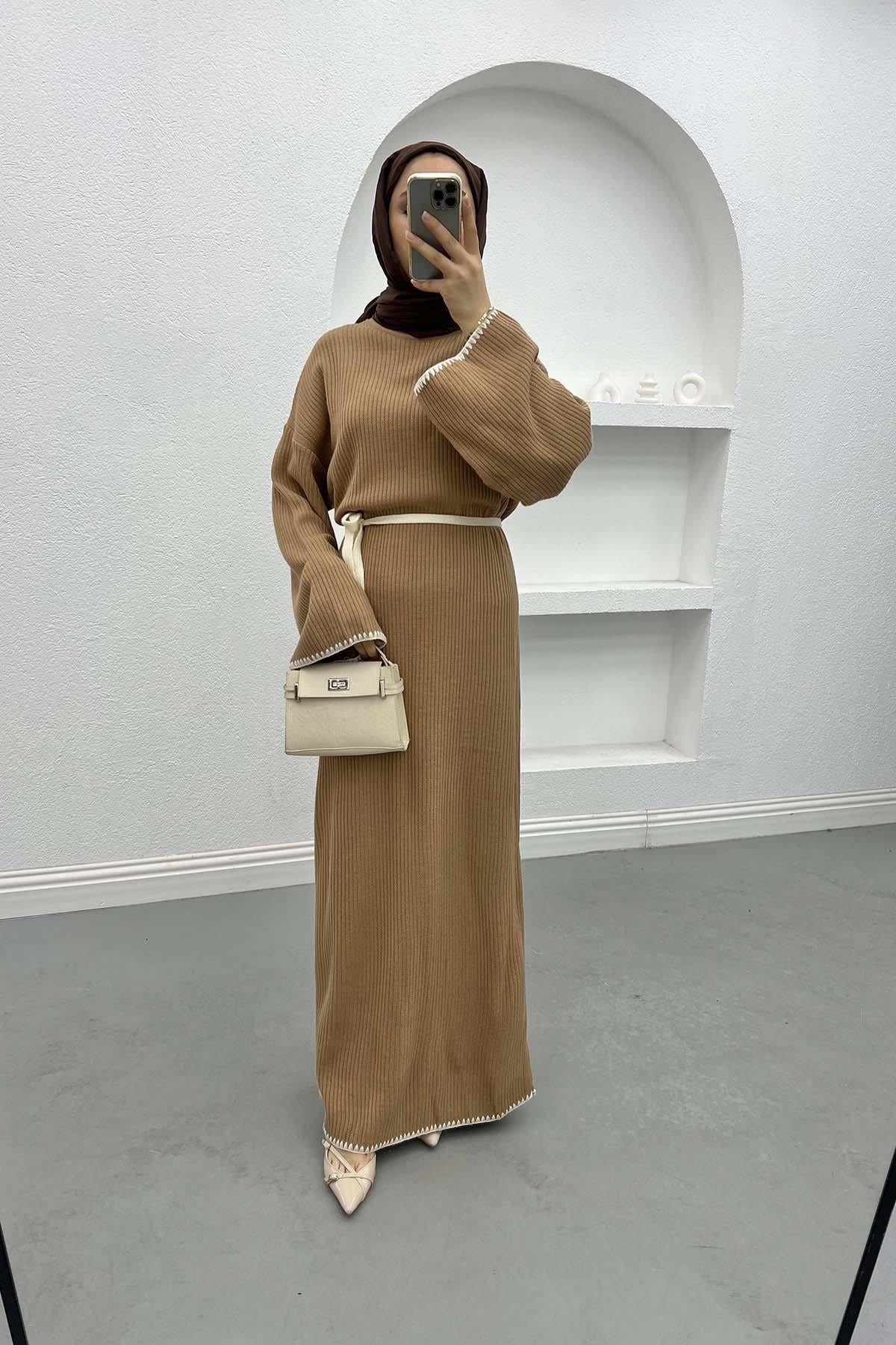 İşlemeli Triko Elbise Sütlü Kahve