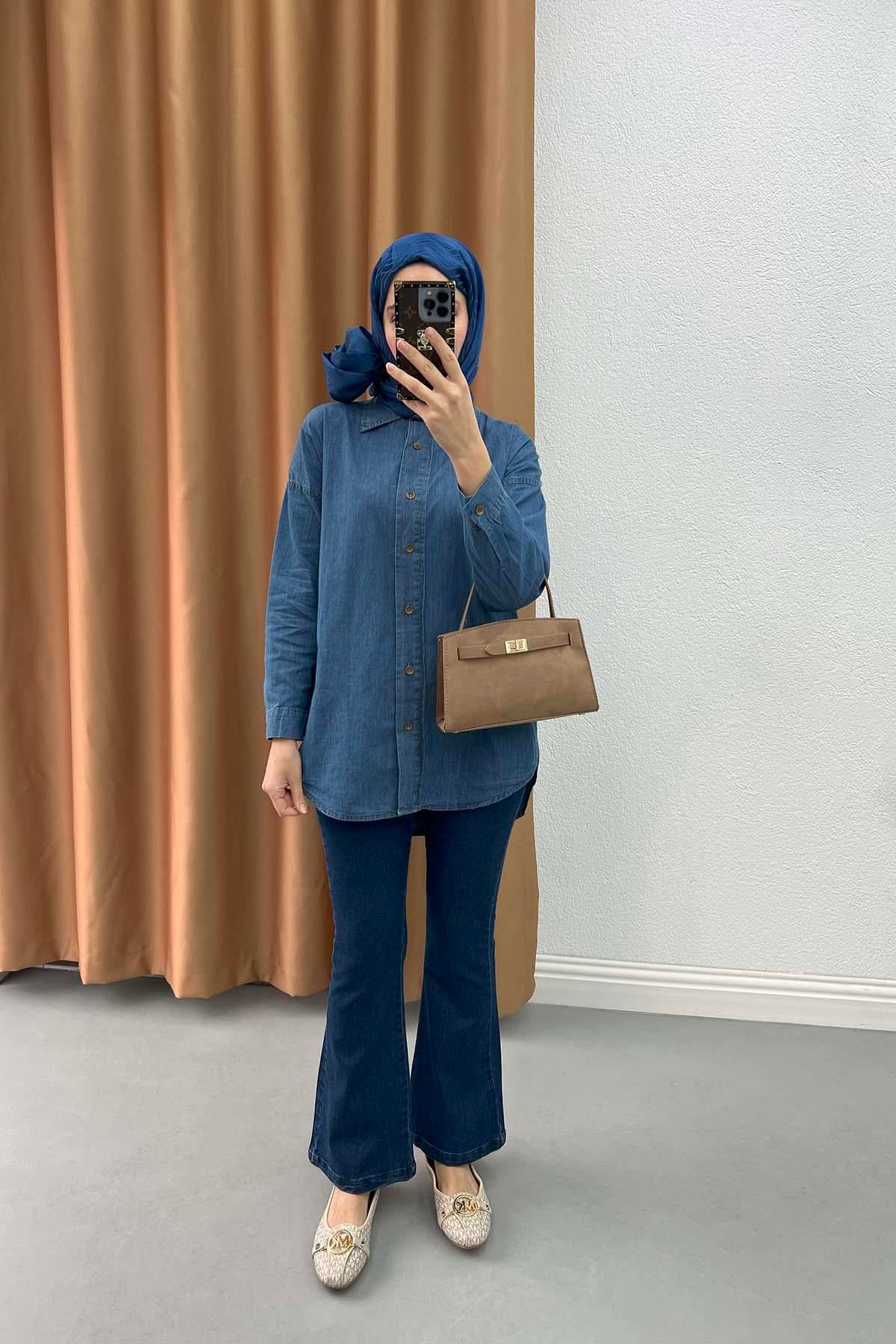 İspanyol Paça Kot Pantolon Koyu Lacivert