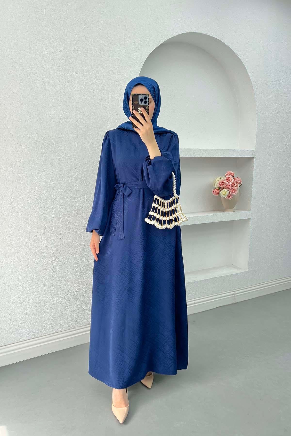 Jakarlı Saten Elbise Lacivert