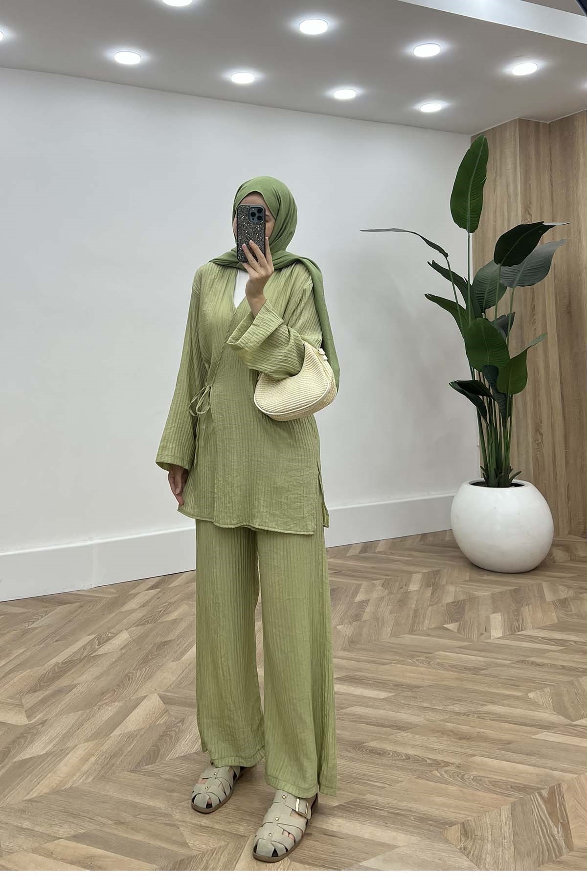 Kabartma Çizgili Kimono Çilek Takım Su Yeşili