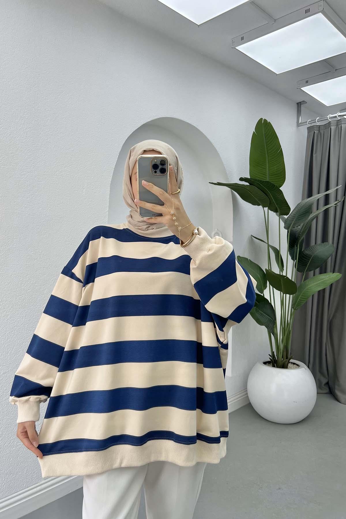 Kalın Çizgili Oversize Sweatshirt Lacivert