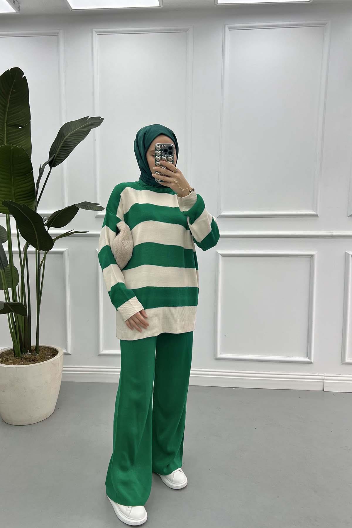 Kalın Çizgili Triko Takım Benetton Yeşil