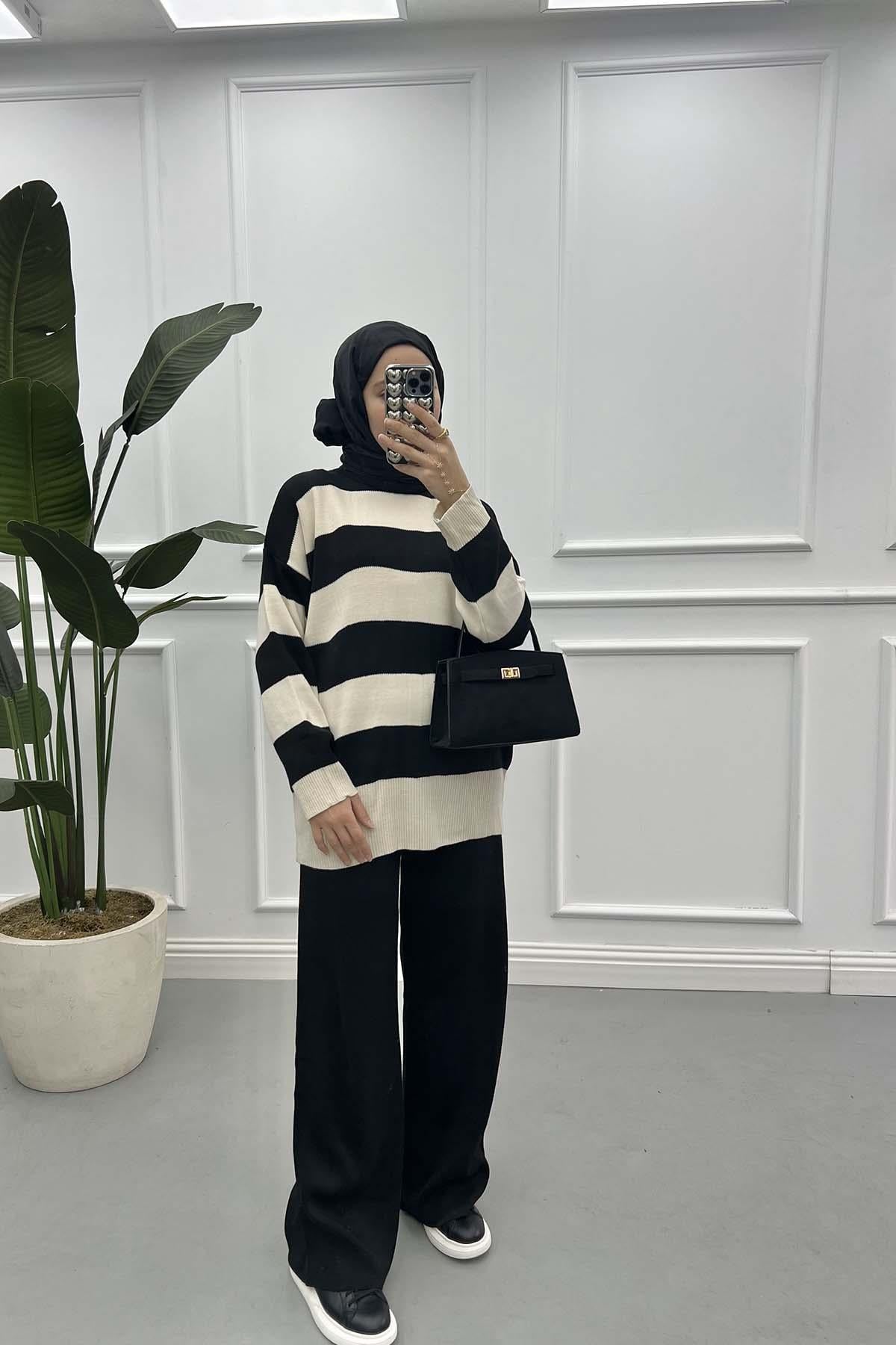 Kalın Çizgili Triko Takım Siyah