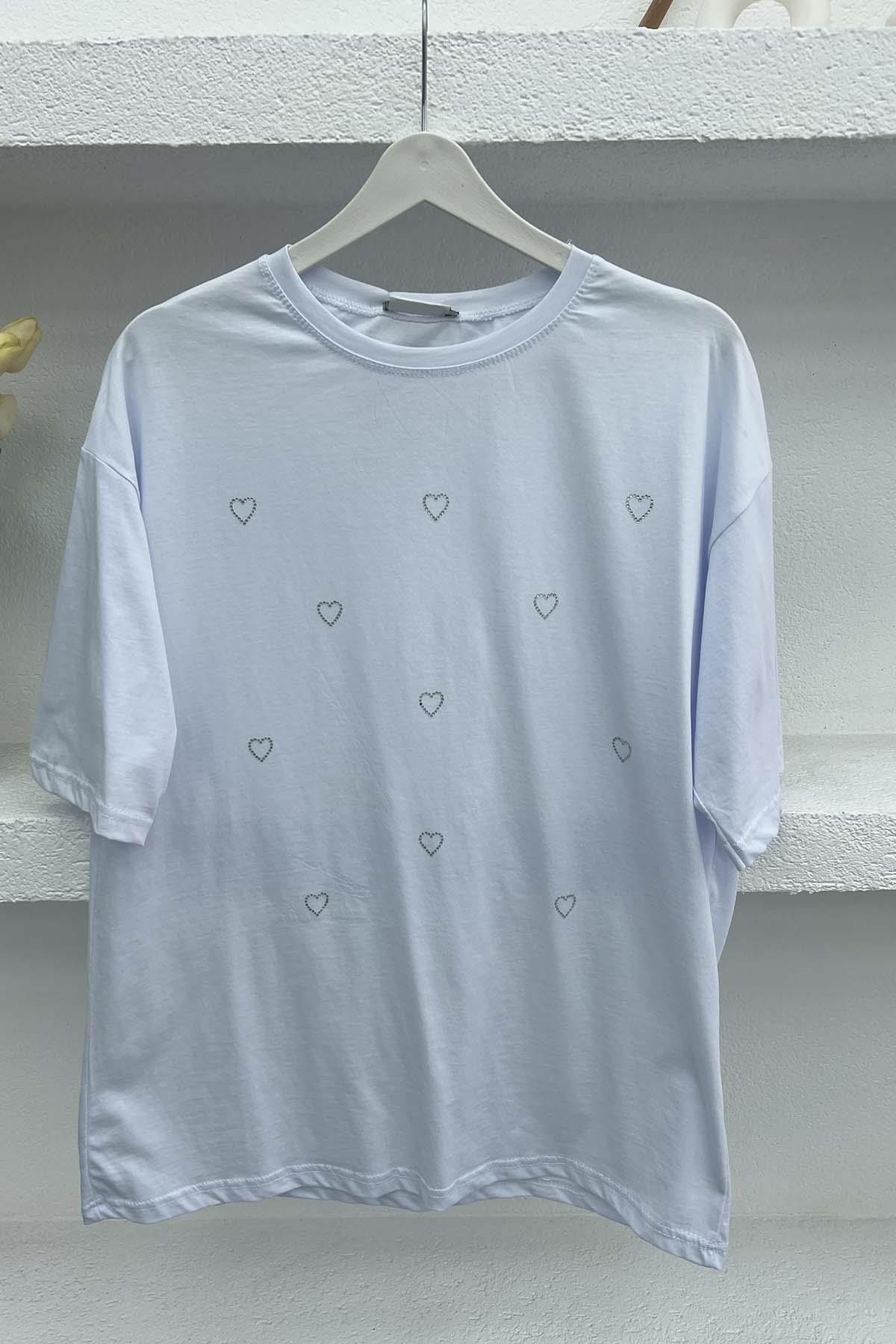 Kalp Taşlı T-Shirt Beyaz