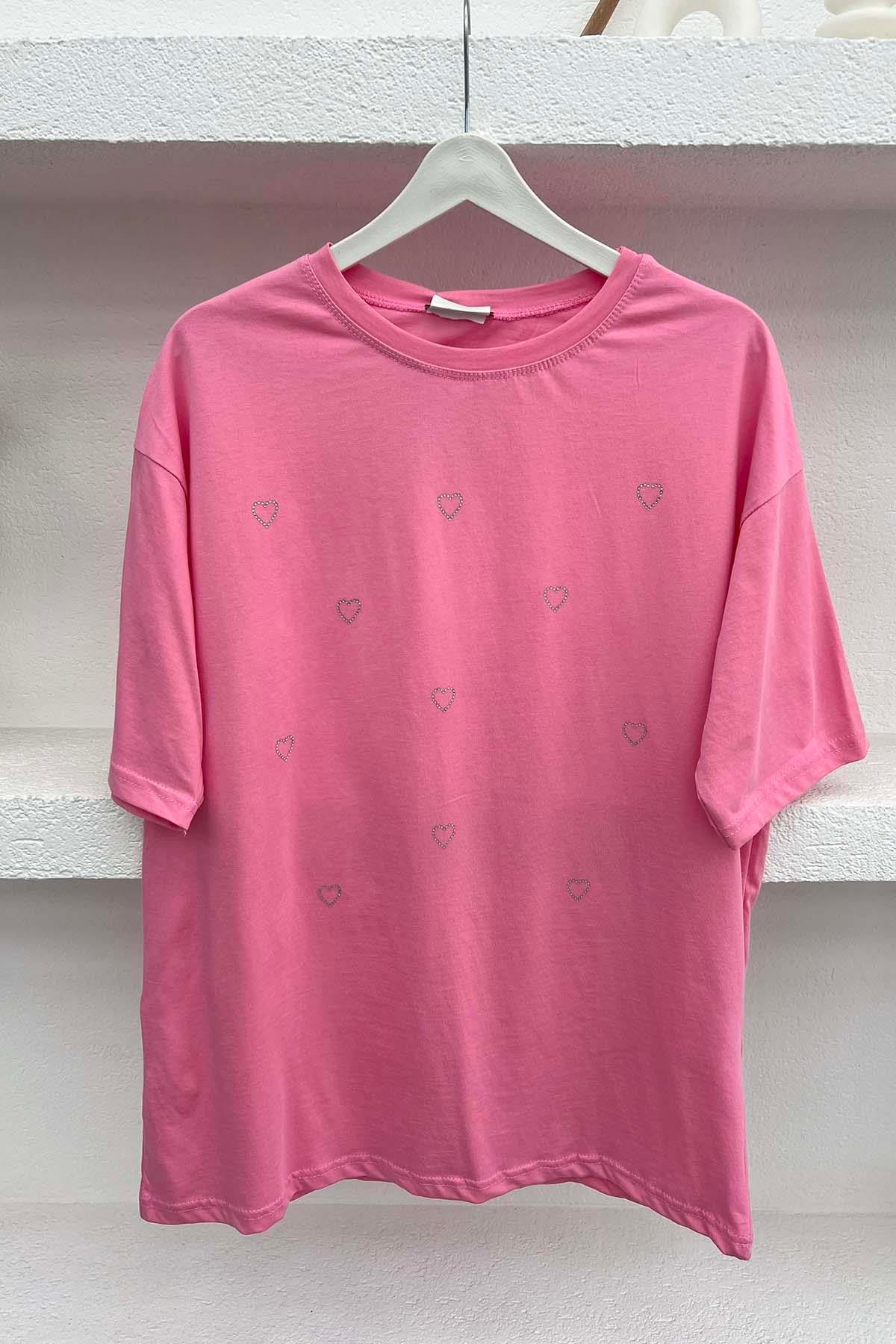 Kalp Taşlı T-Shirt Pembe