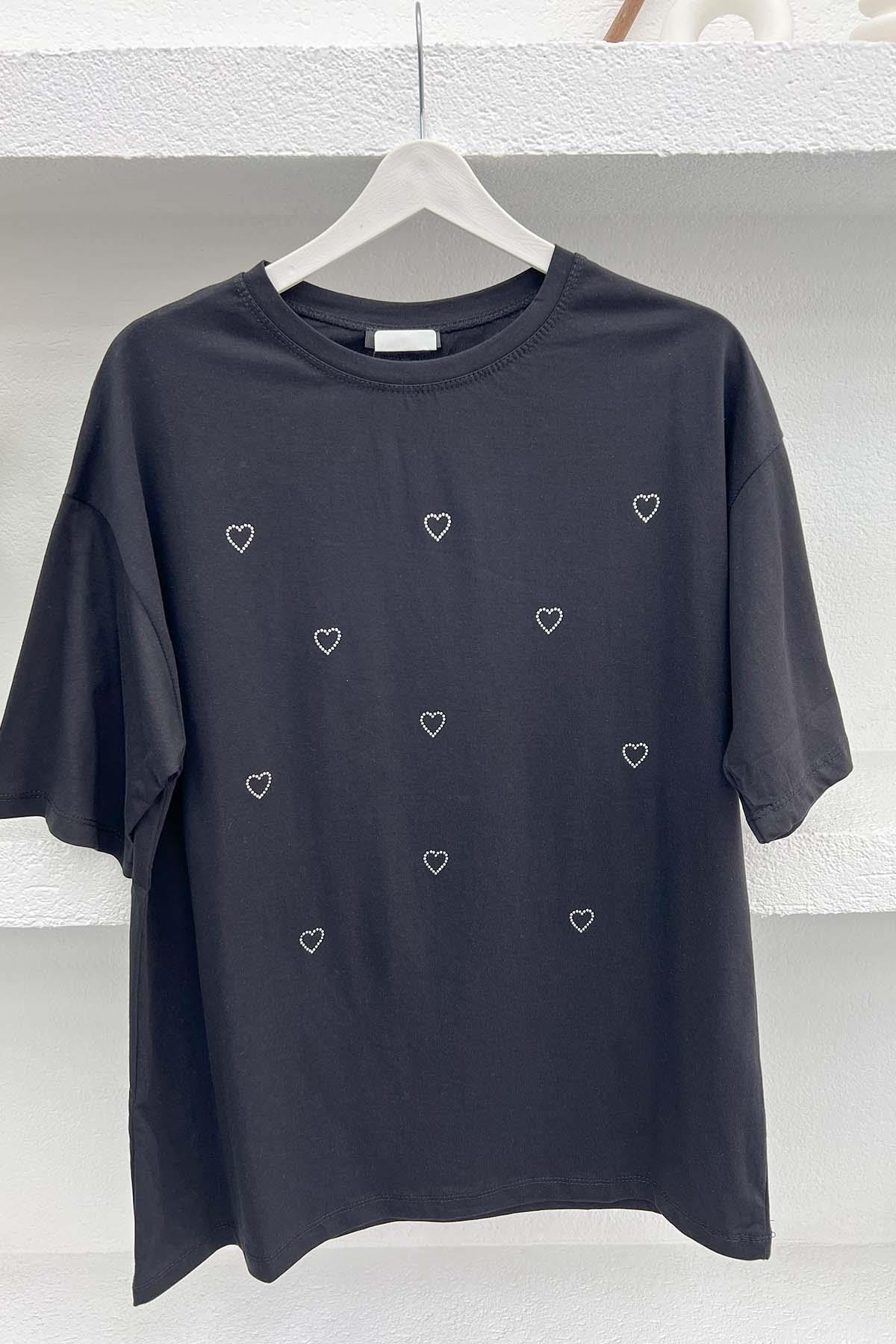 Kalp Taşlı T-Shirt Siyah