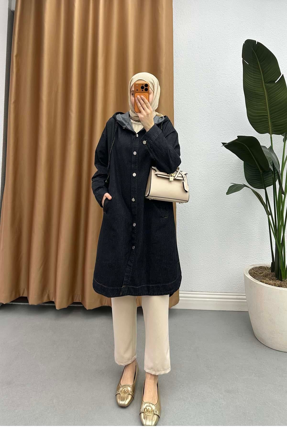 Kapişonlu Denim Kap Antrasit