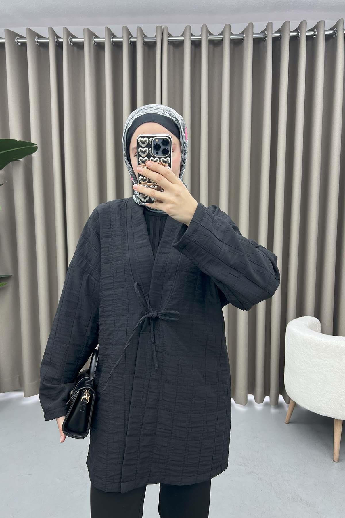 Kapitone Bağlamalı Kimono Siyah