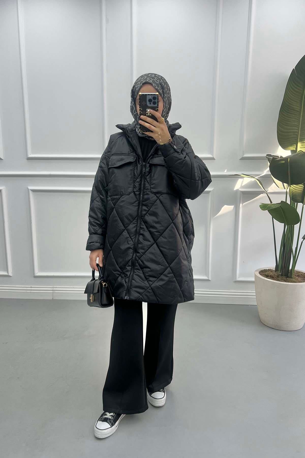 Kapitone Oversize Mont Siyah