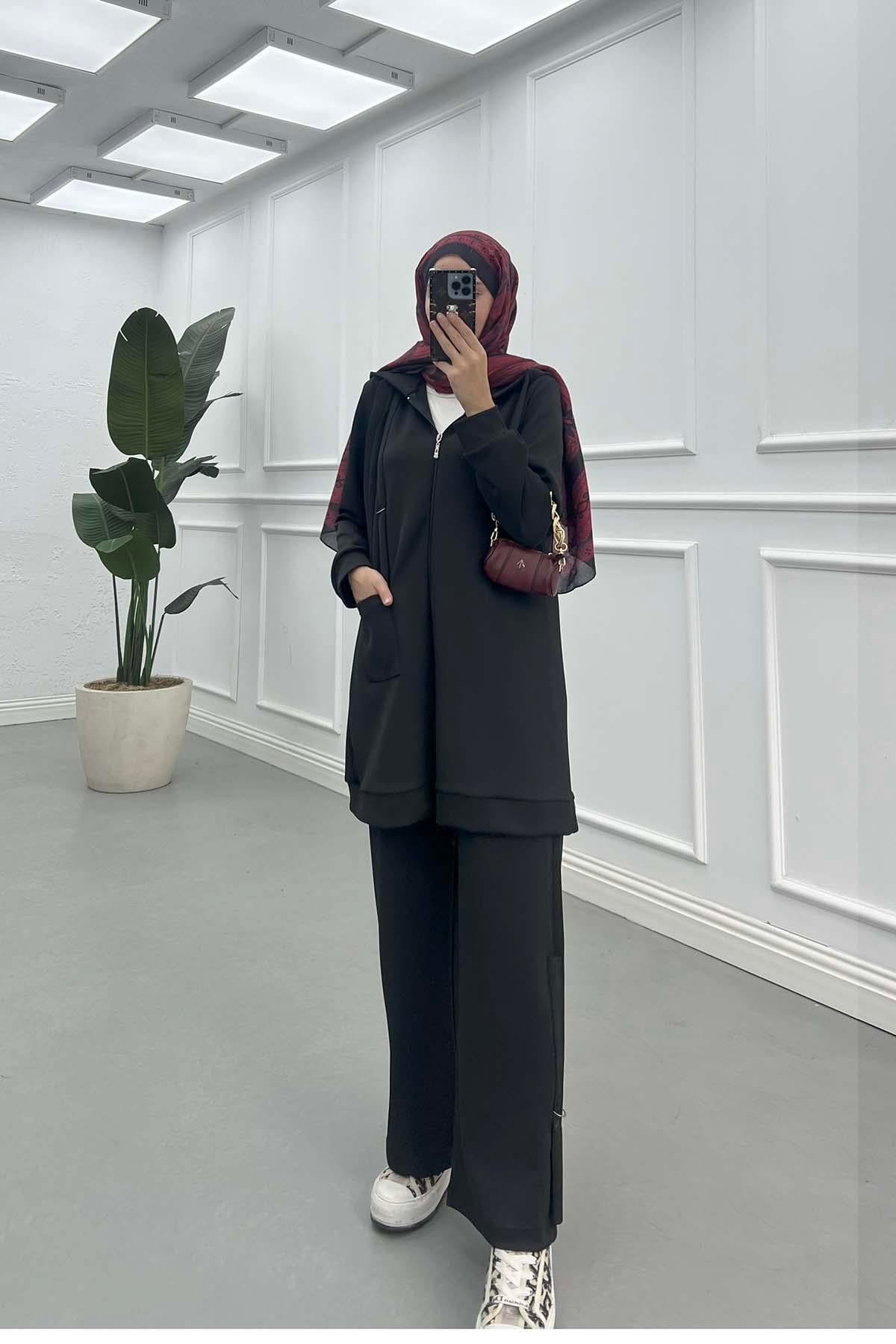 Kapüşonlu Cepli Scuba Takım Siyah