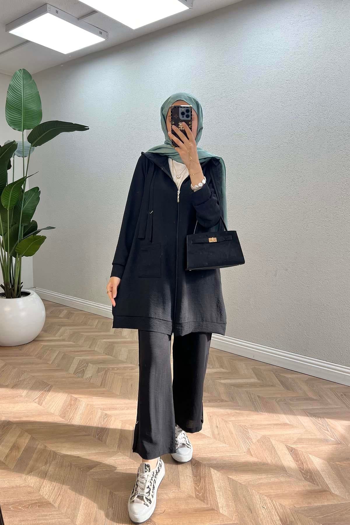 Kapüşonlu Cepli Takım Siyah