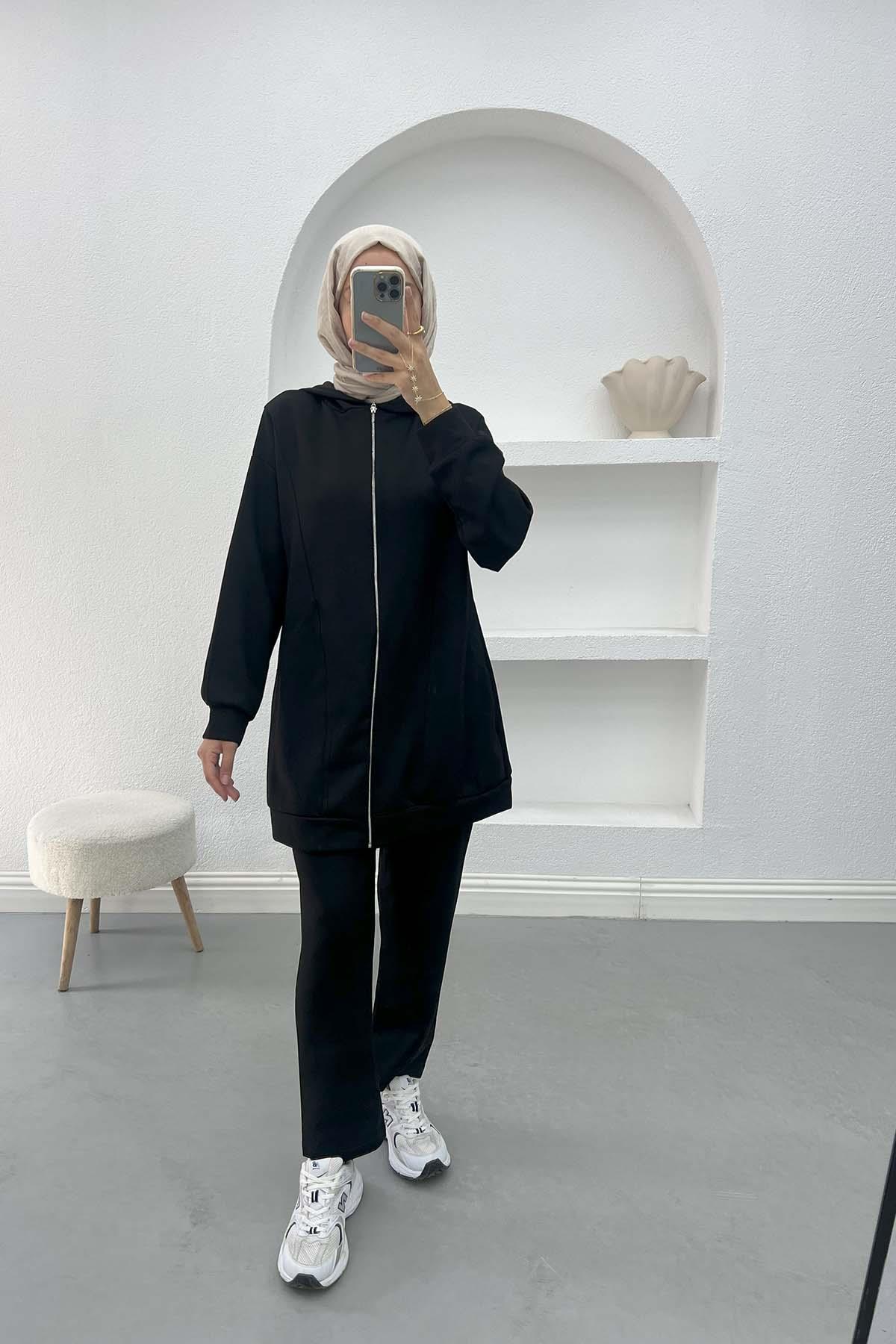 Kapüşonlu Fermuarlı Takım Siyah