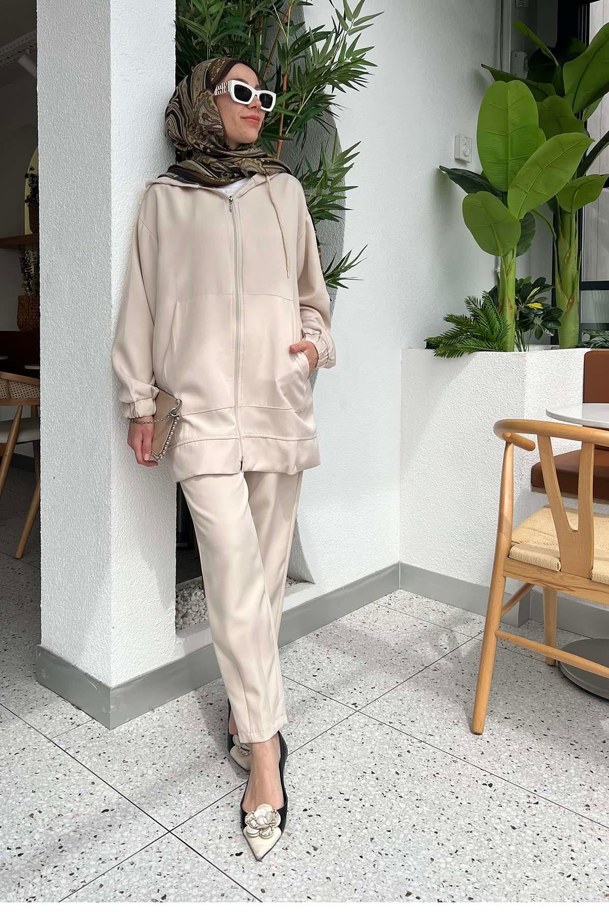 Kapüşonlu Kanguru Cepli Double Spor Takım Bej
