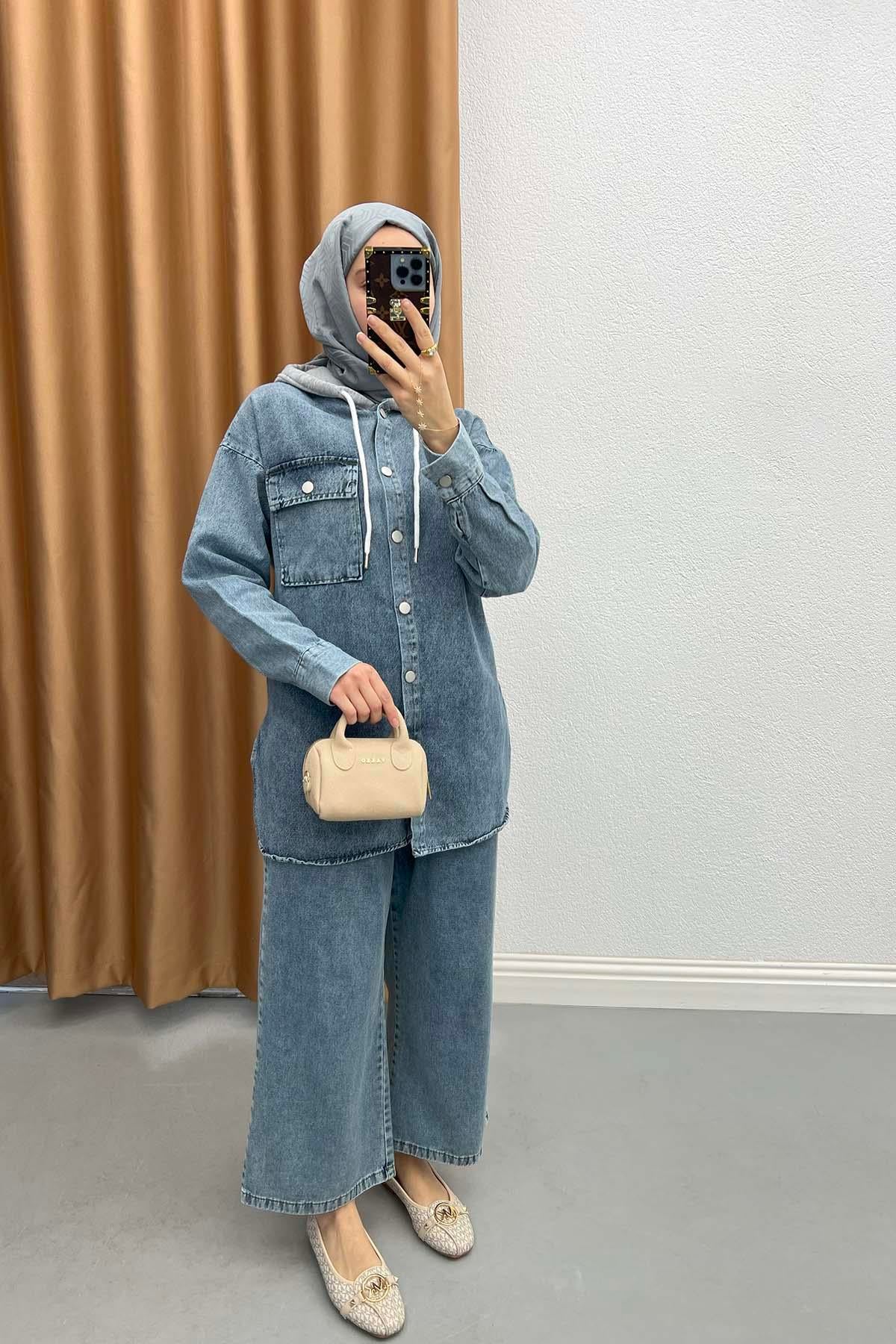 Kapüşonlu Kot Ceket Mavi