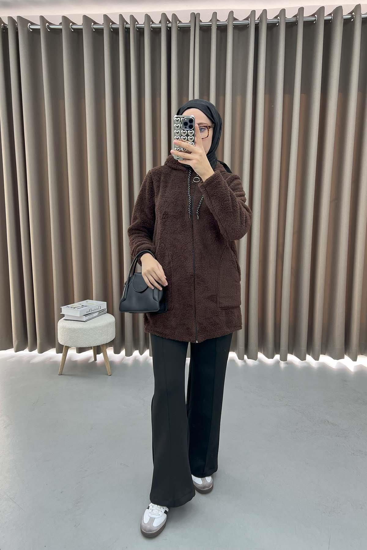 Kapüşonlu Peluş Hırka Acı Kahve
