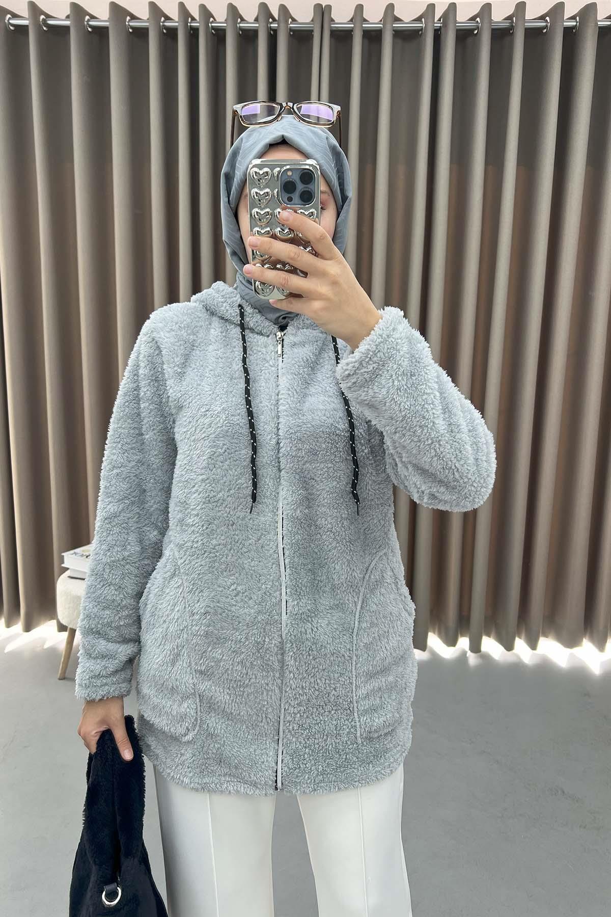 Kapüşonlu Peluş Hırka Gri