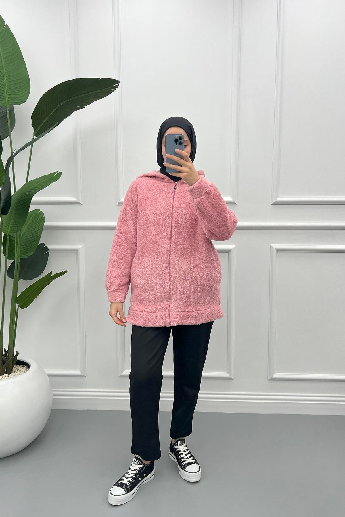 Kapüşonlu Peluş Hırka Pembe