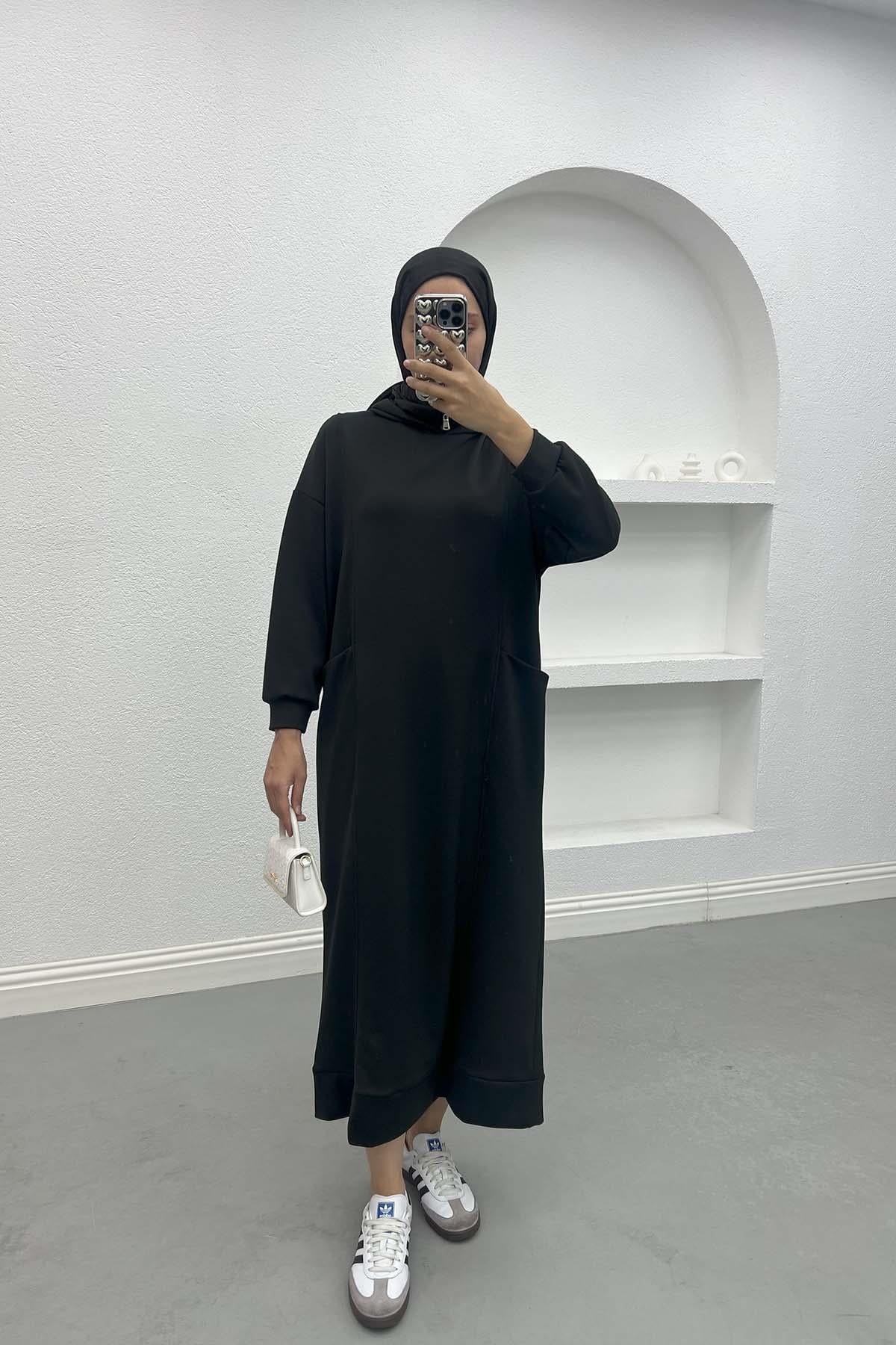 Kapüşonlu Sweat Elbise Siyah