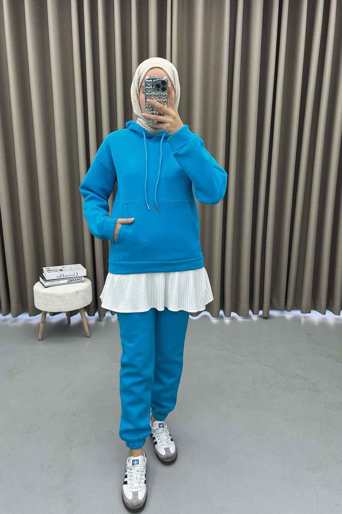 Kapüşonlu Sweatshirt Takım Mavi