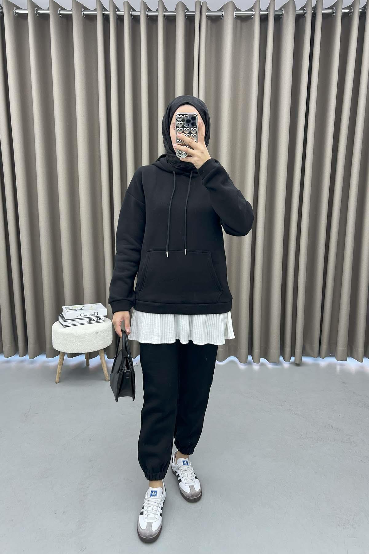 Kapüşonlu Sweatshirt Takım Siyah