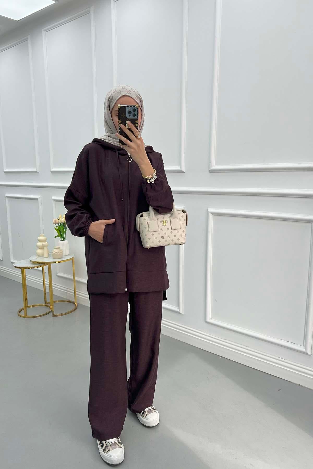 Kapüşonlu Tunik Takım Mürdüm