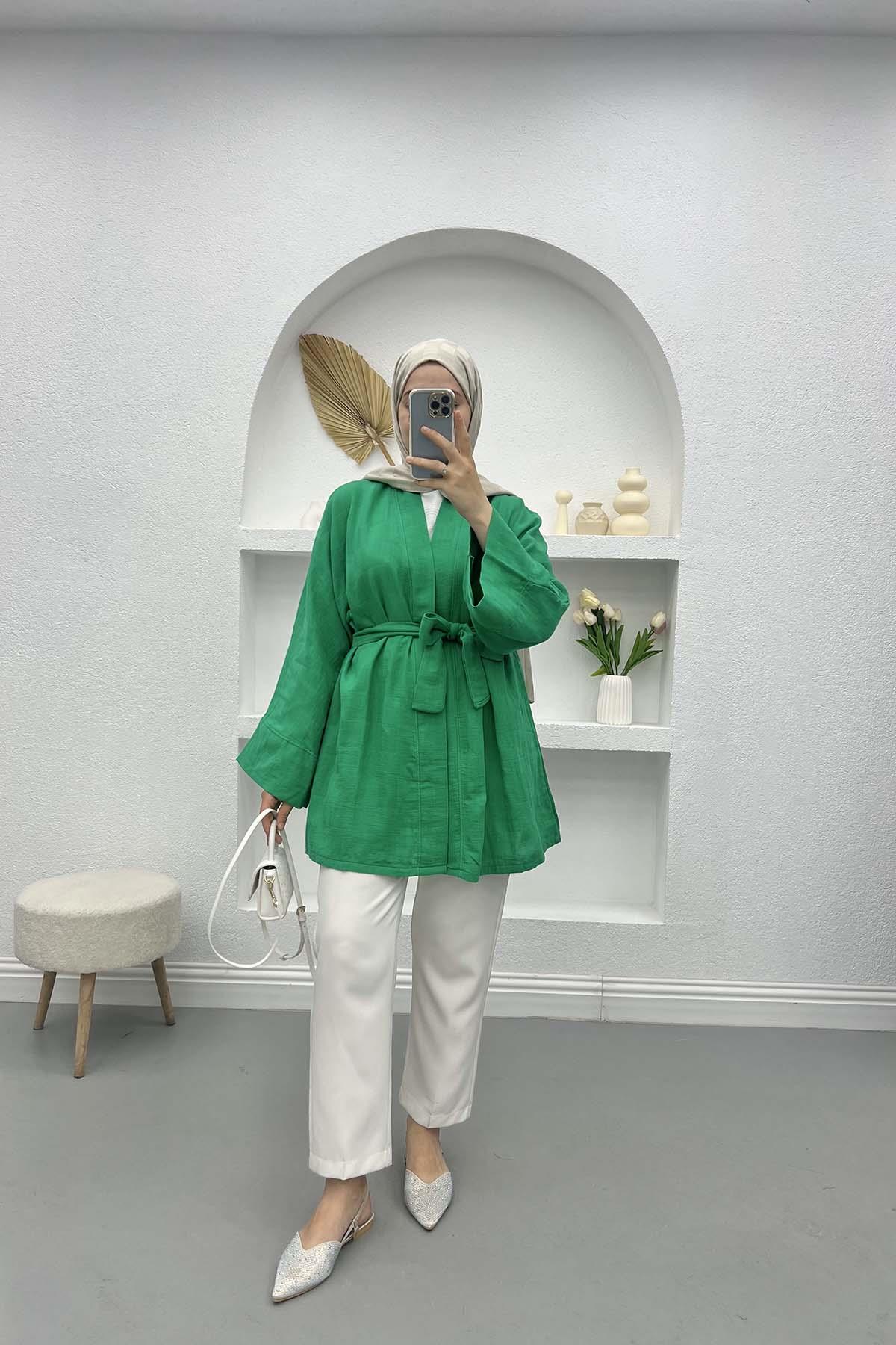 Kare Desenli Kimono Benetton Yeşil