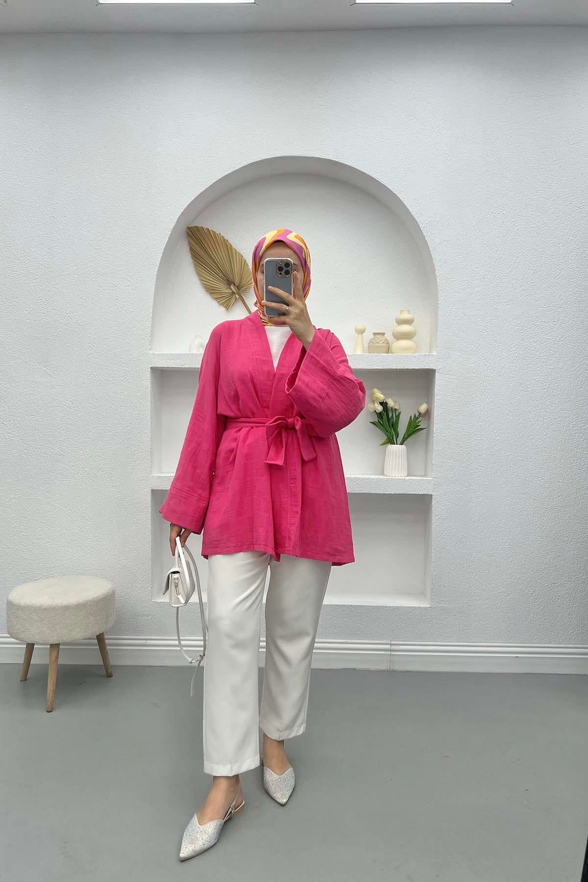 Kare Desenli Kimono Fuşya