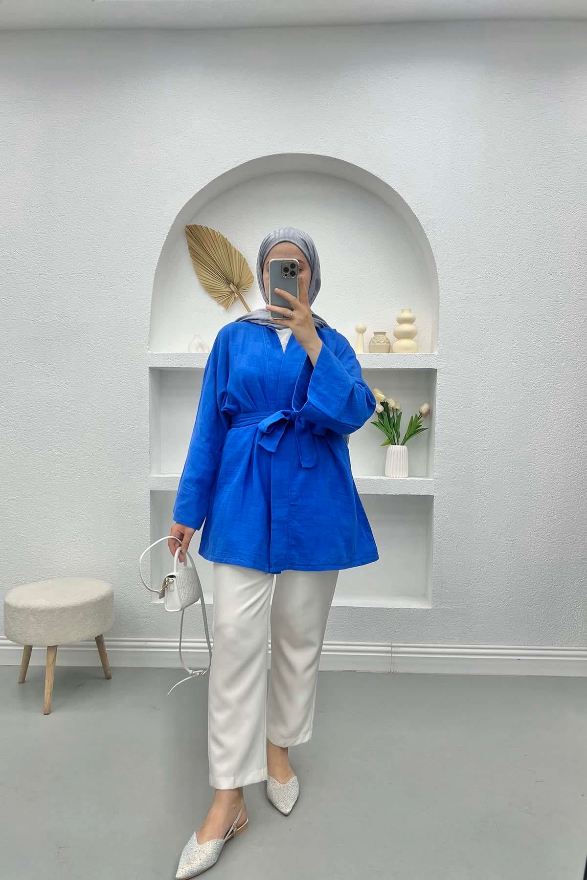 Kare Desenli Kimono Saks Mavi