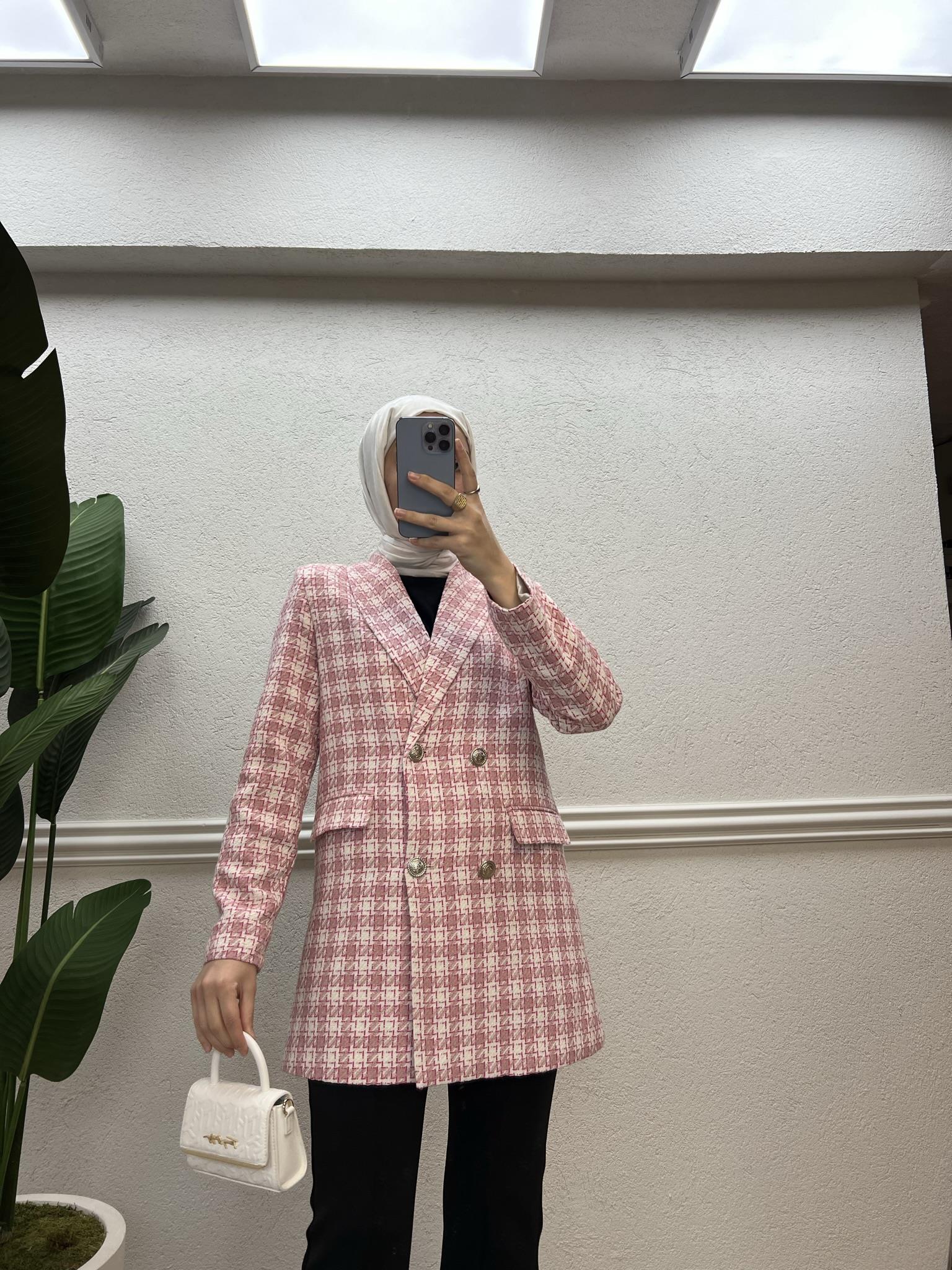 Kare Desenli Tüvit Ceket Pembe-Beyaz