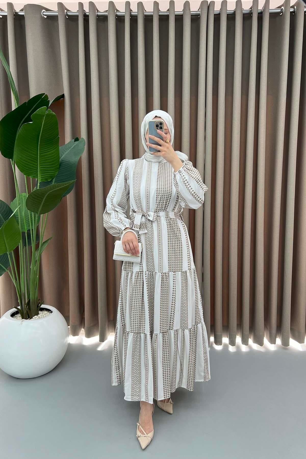 Karışık Desenli Elbise Kahve