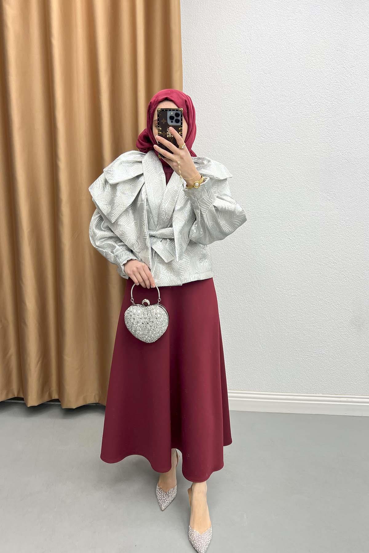Katlı Jakarlı Ceket Açık Gri