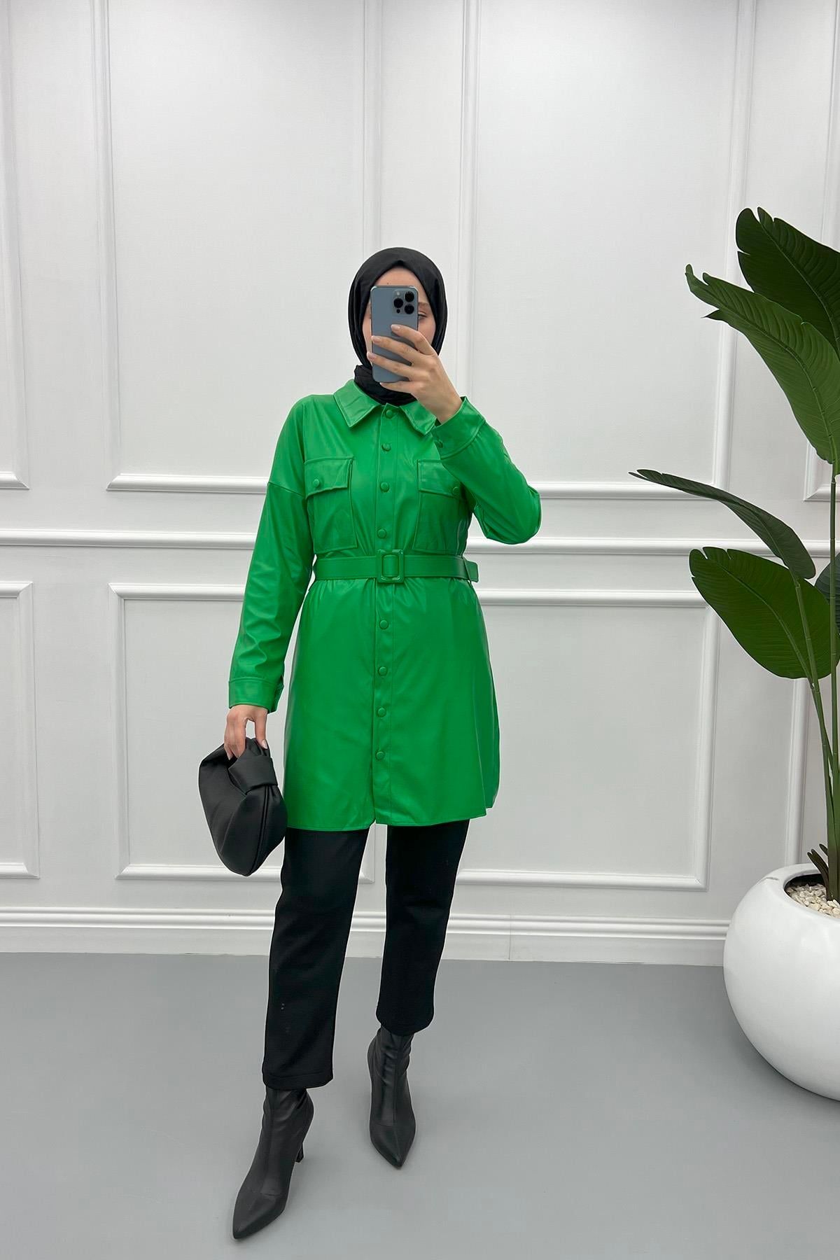 Kemerli Deri Ceket Yeşil