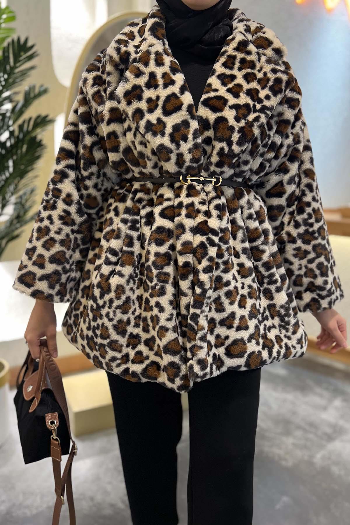 Kemerli Leoparlı Kürk Mont Acı Kahve