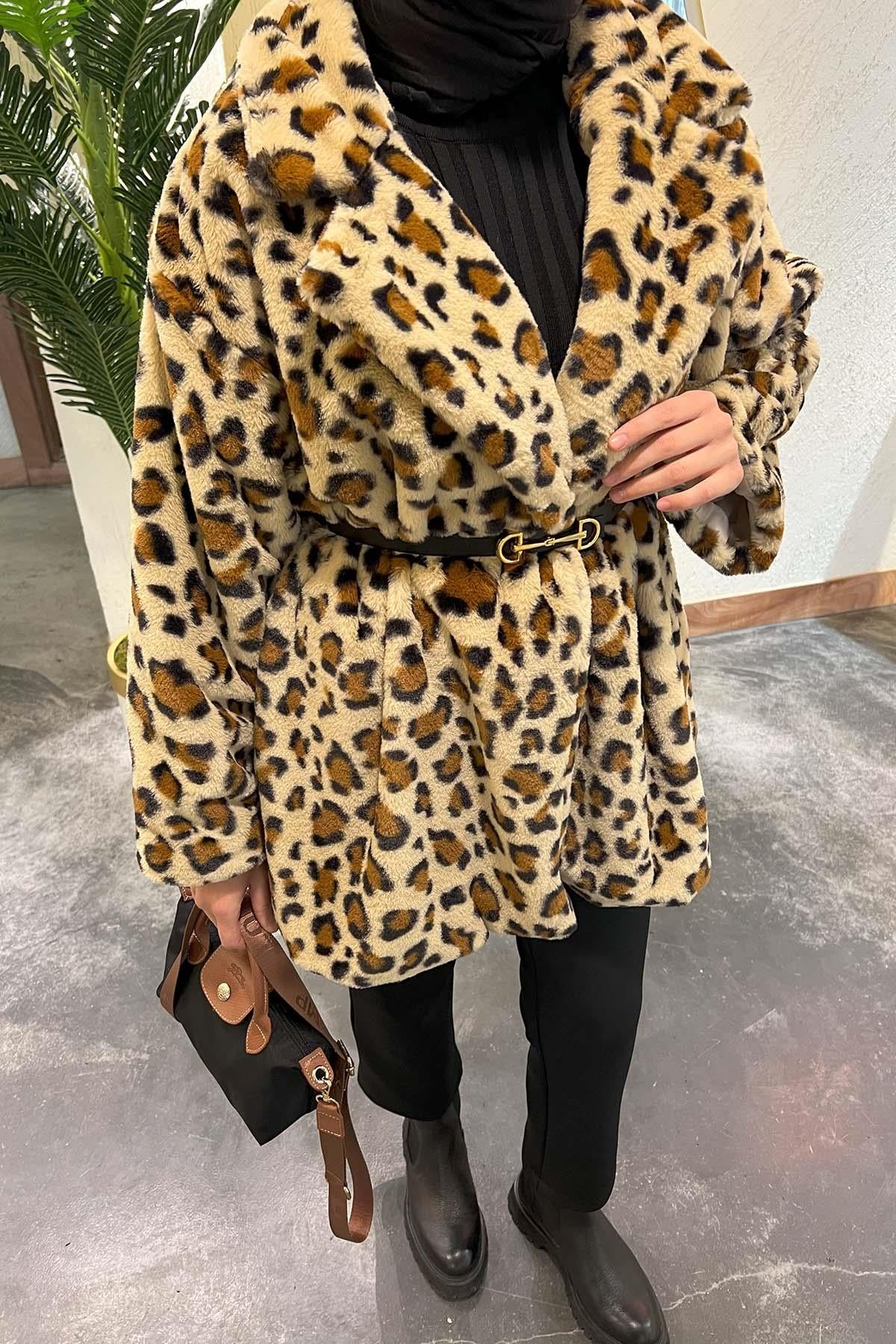 Kemerli Leoparlı Kürk Mont Kahve