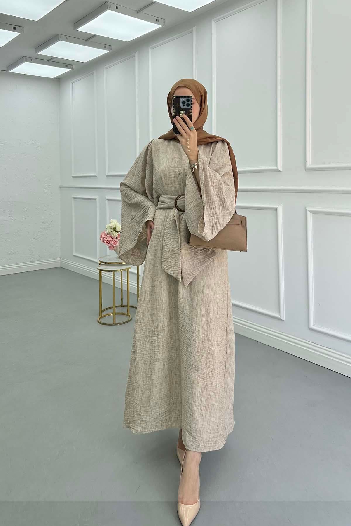 Kemerli Salaş Elbise Bej