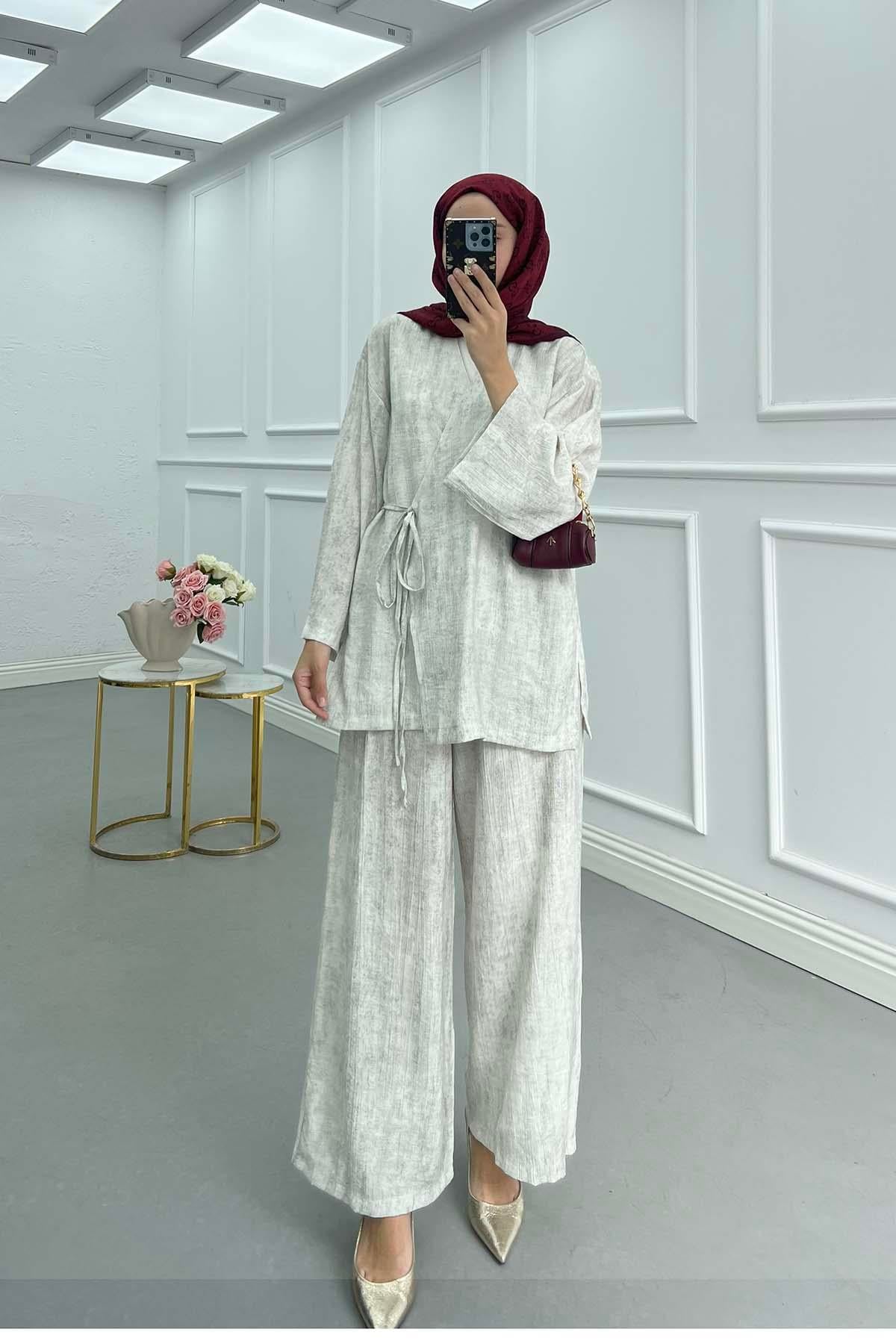 Kendinden Desenli Bağlamalı kimono Takım Taş