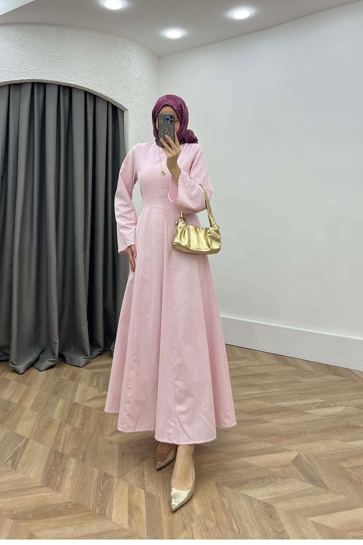 Kendinden Kuşaklı Modern Keten Elbise Pembe