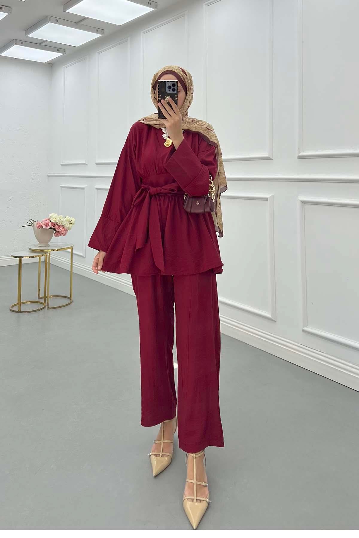 Kendinden Kuşaklı Pantolon Takım Bordo