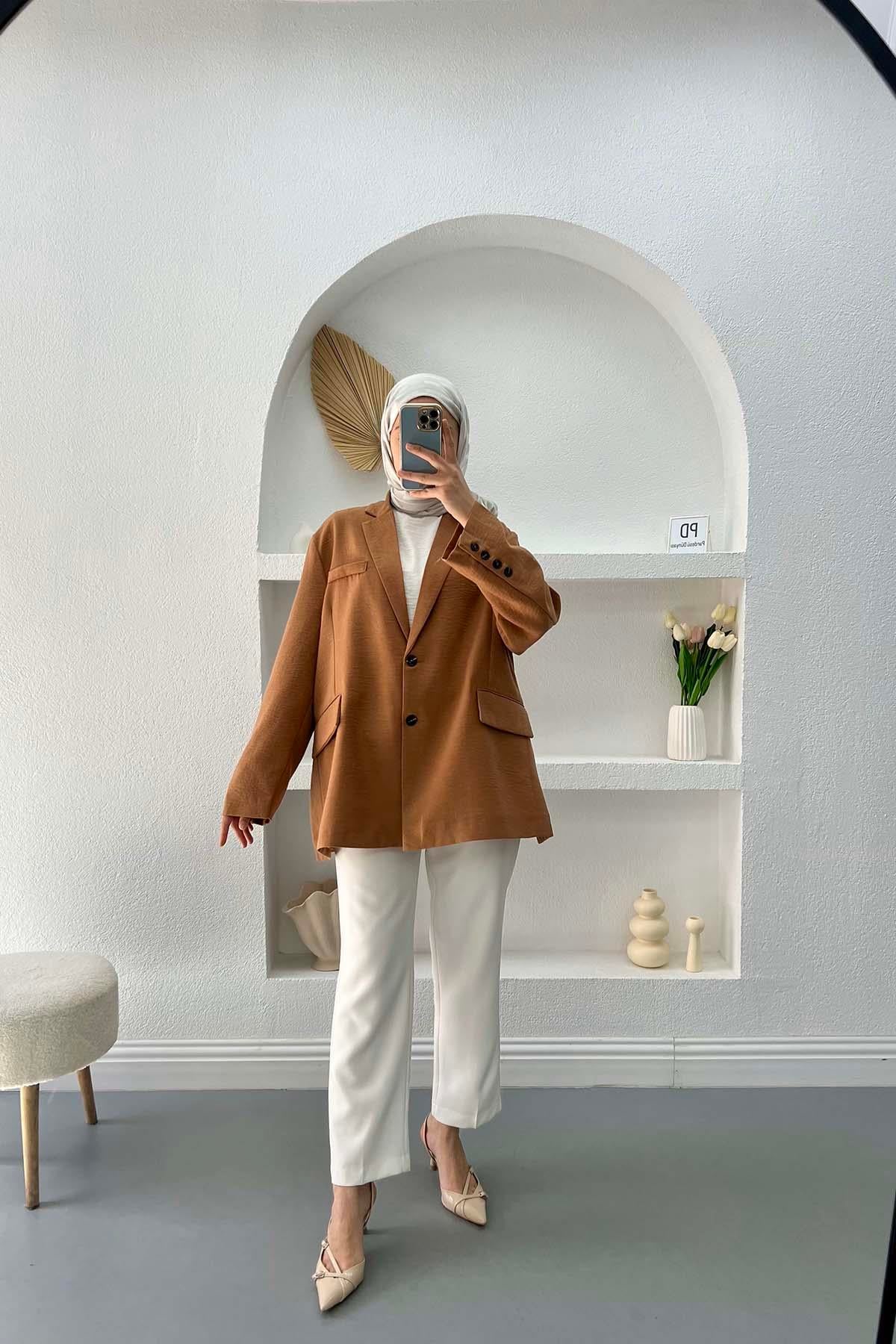 Keten Blazer Ceket Kahve
