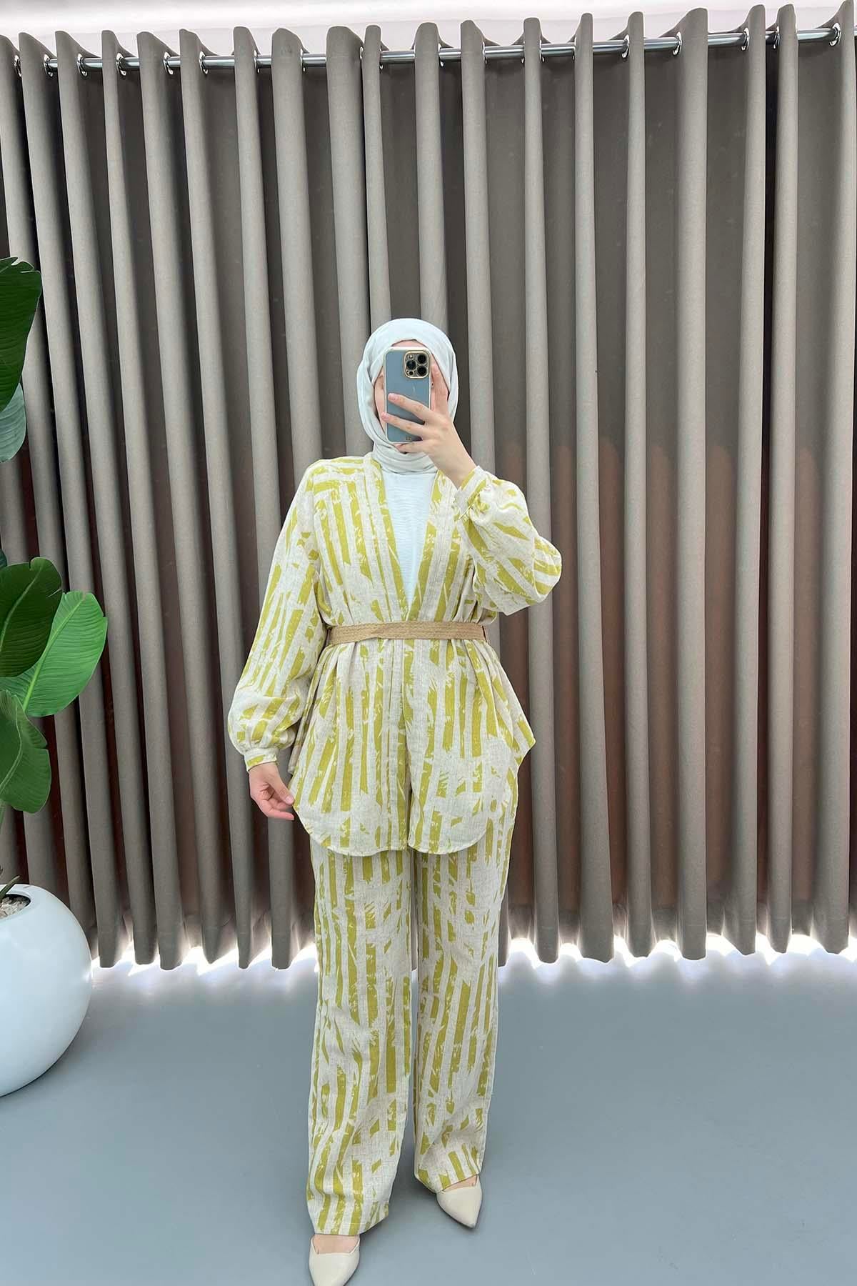 Keten Kimono Takım Yağ Yeşili
