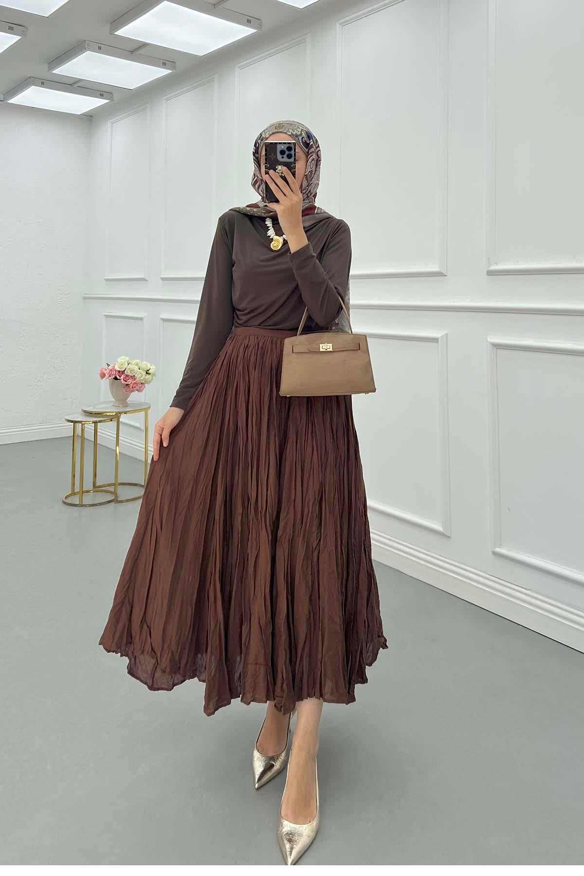 Kırışık Desen Astarlı Etek Kahve