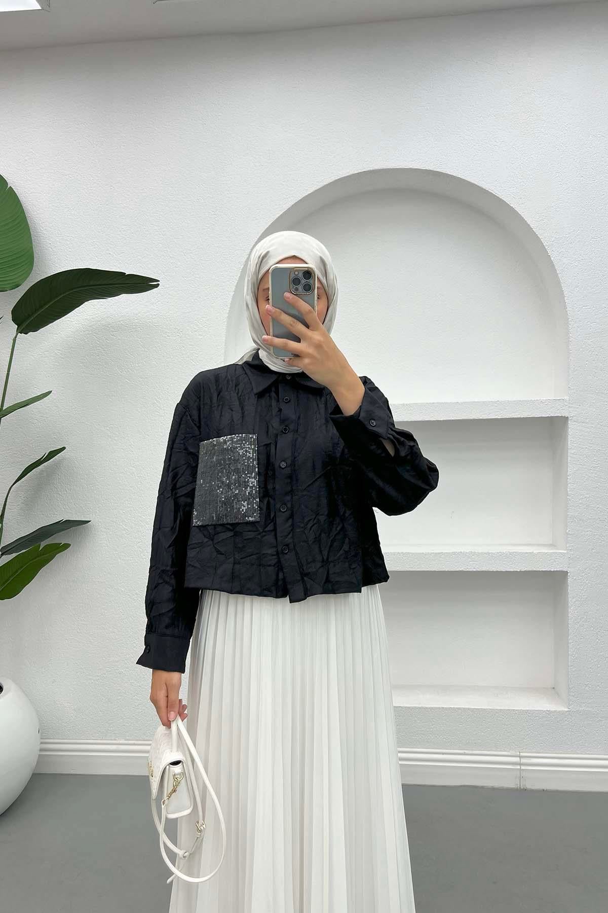 Kırışık Desen Crop Gömlek Siyah