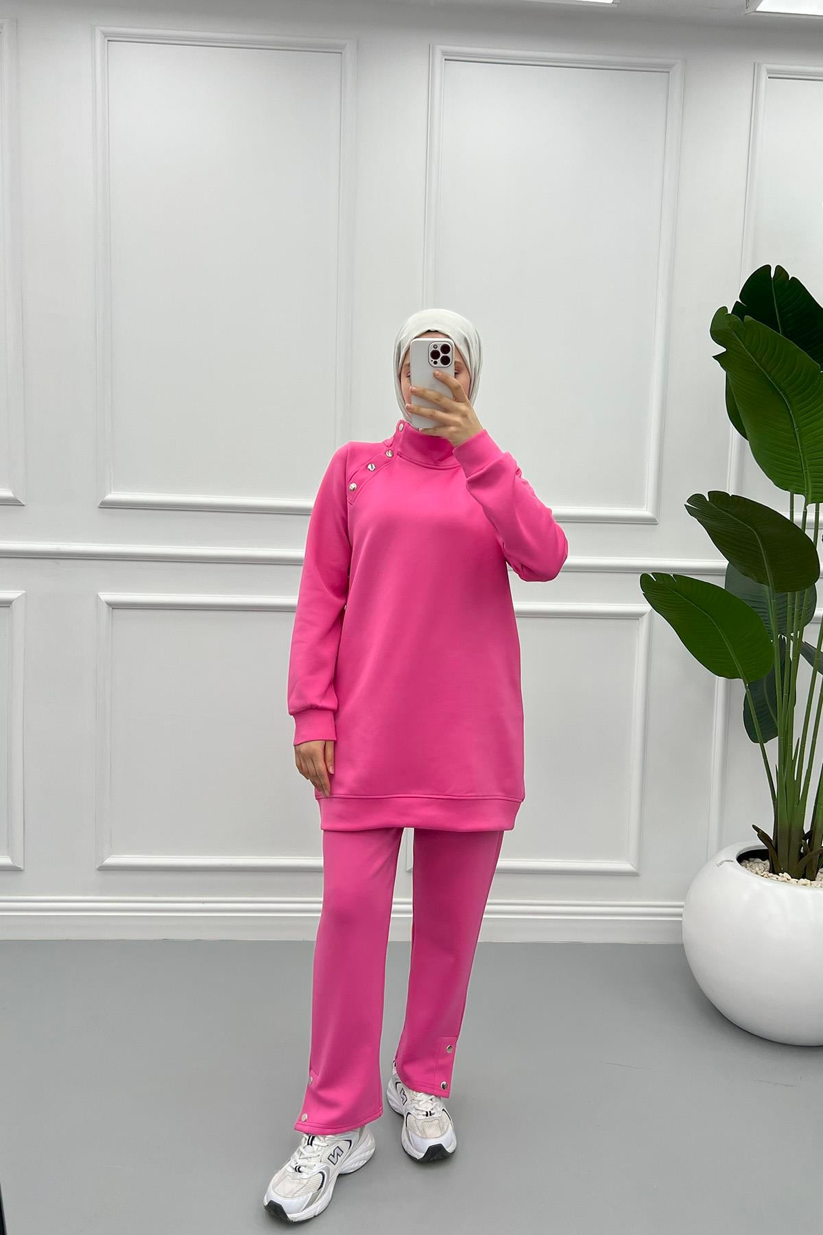 Kısa Yırtmaçlı Çıtçıtlı Scuba Takım Pembe
