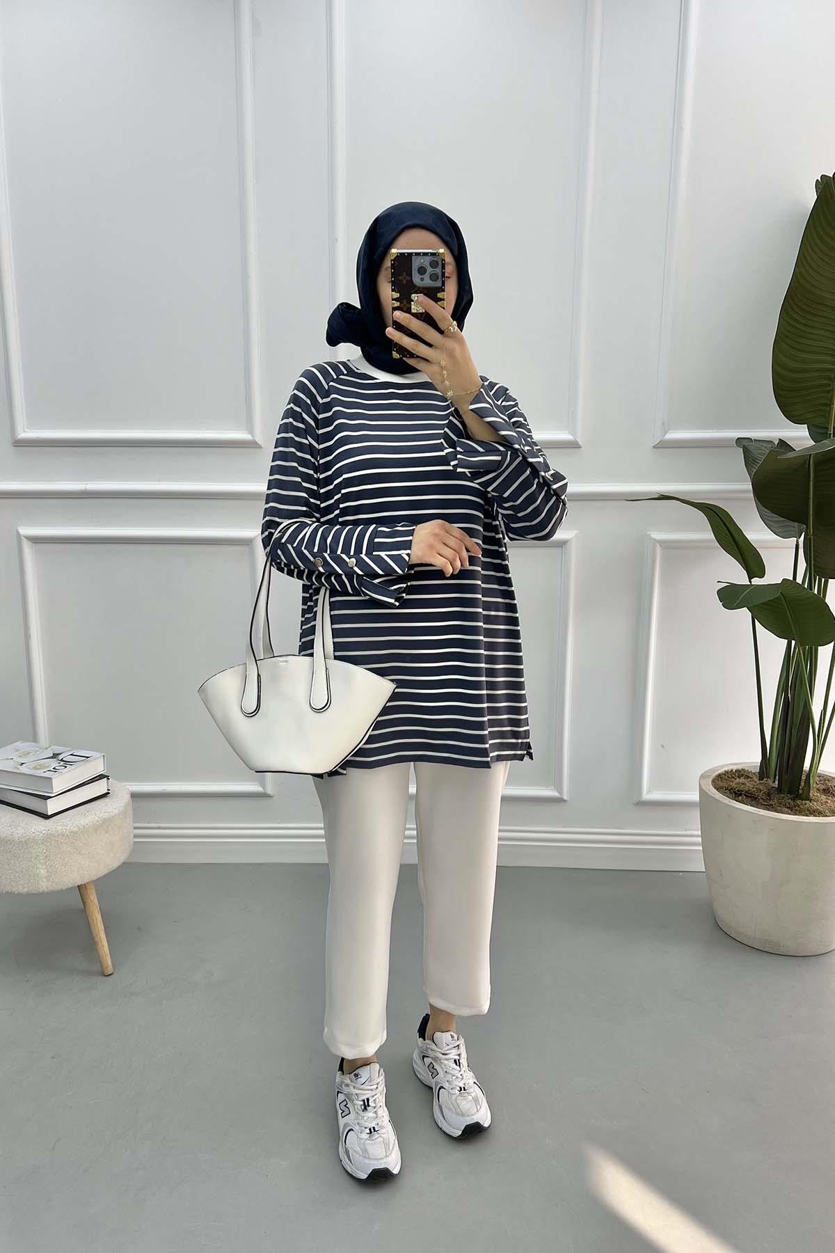 Kol Çıtçıtlı Çizgili Sweatshirt Antrasit