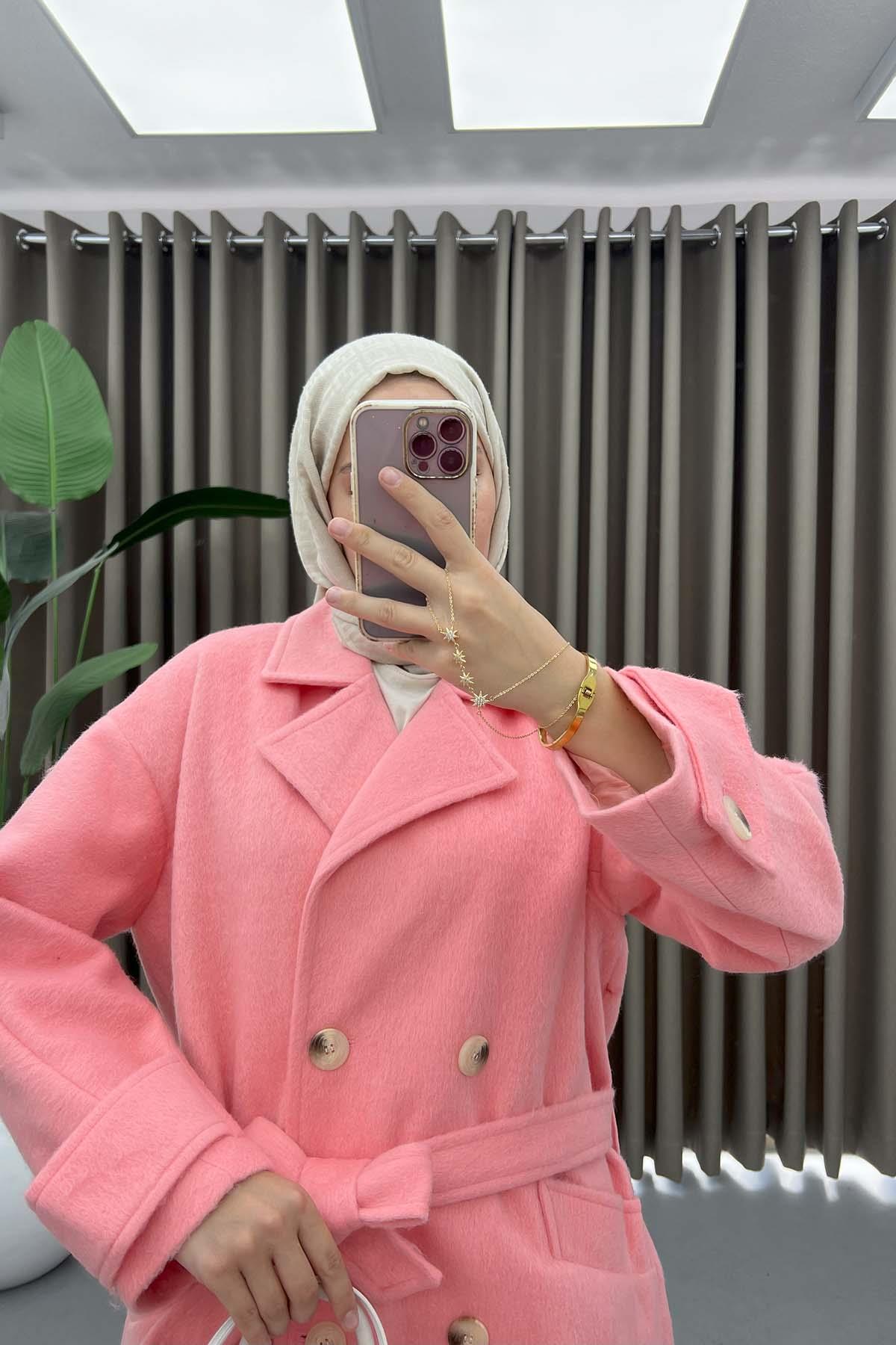 Kol Detaylı Kaşe Kaban Pembe