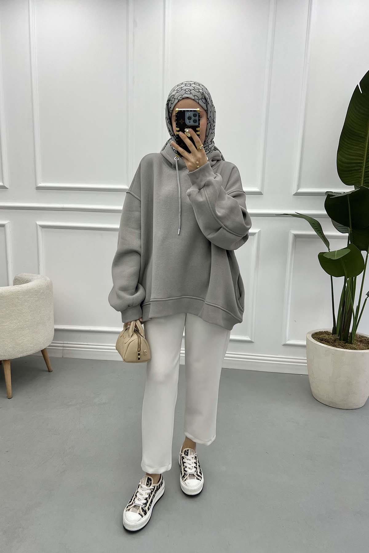 Kol Detaylı Üç İplik Sweatshirt Gri