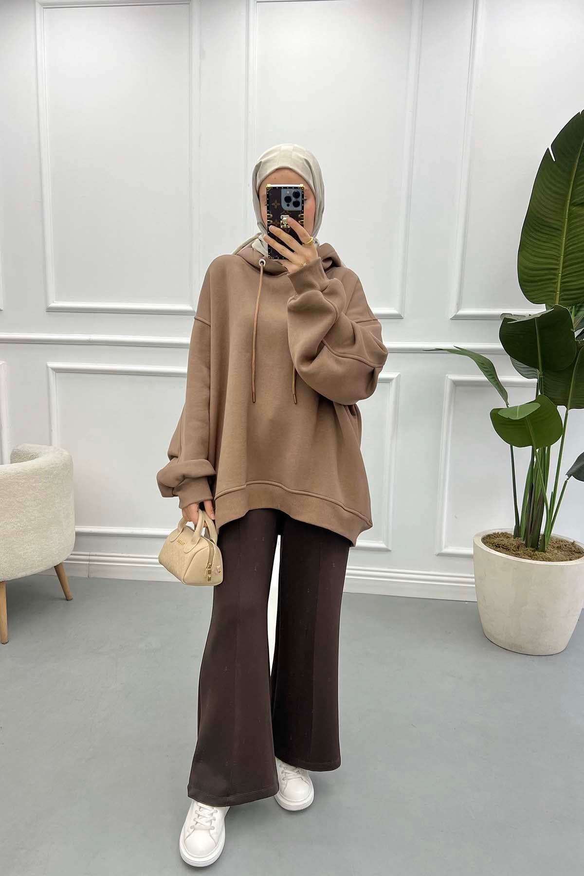 Kol Detaylı Üç İplik Sweatshirt Kahve