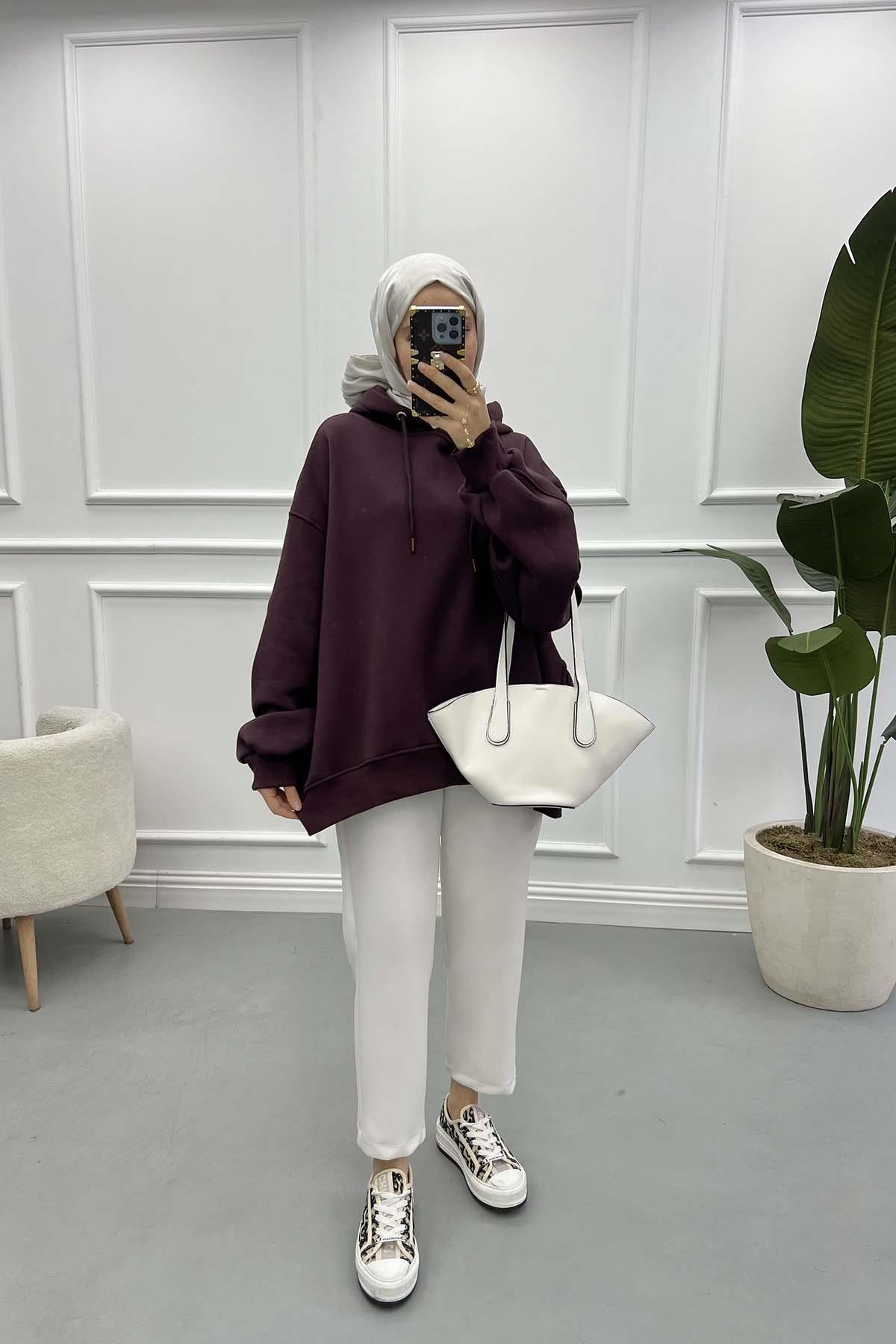 Kol Detaylı Üç İplik Sweatshirt Mürdüm