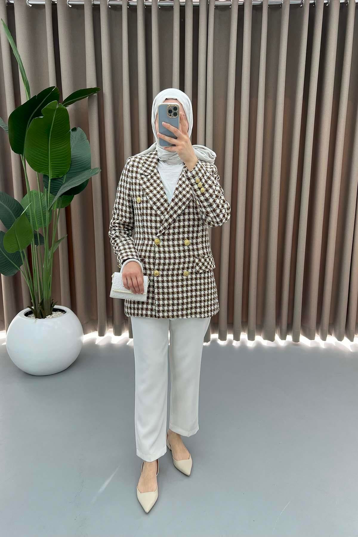 Kol Düğmeli Tüvit Ceket Taba